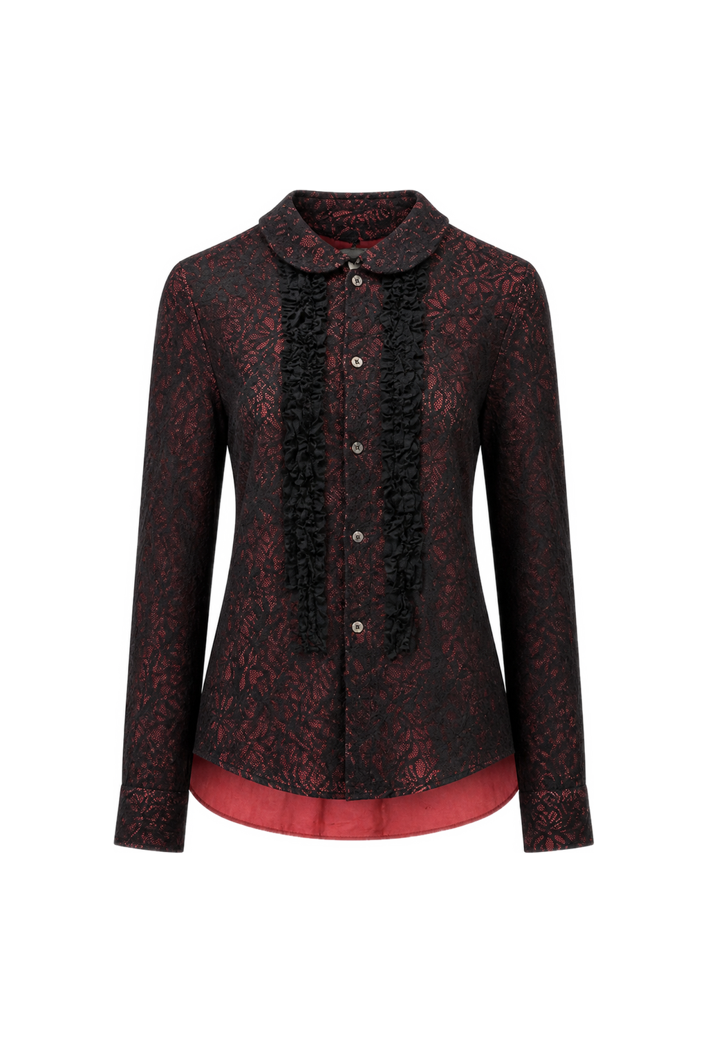 Sheer Floral Shirt with Ruffles, Round Collar and Lace
