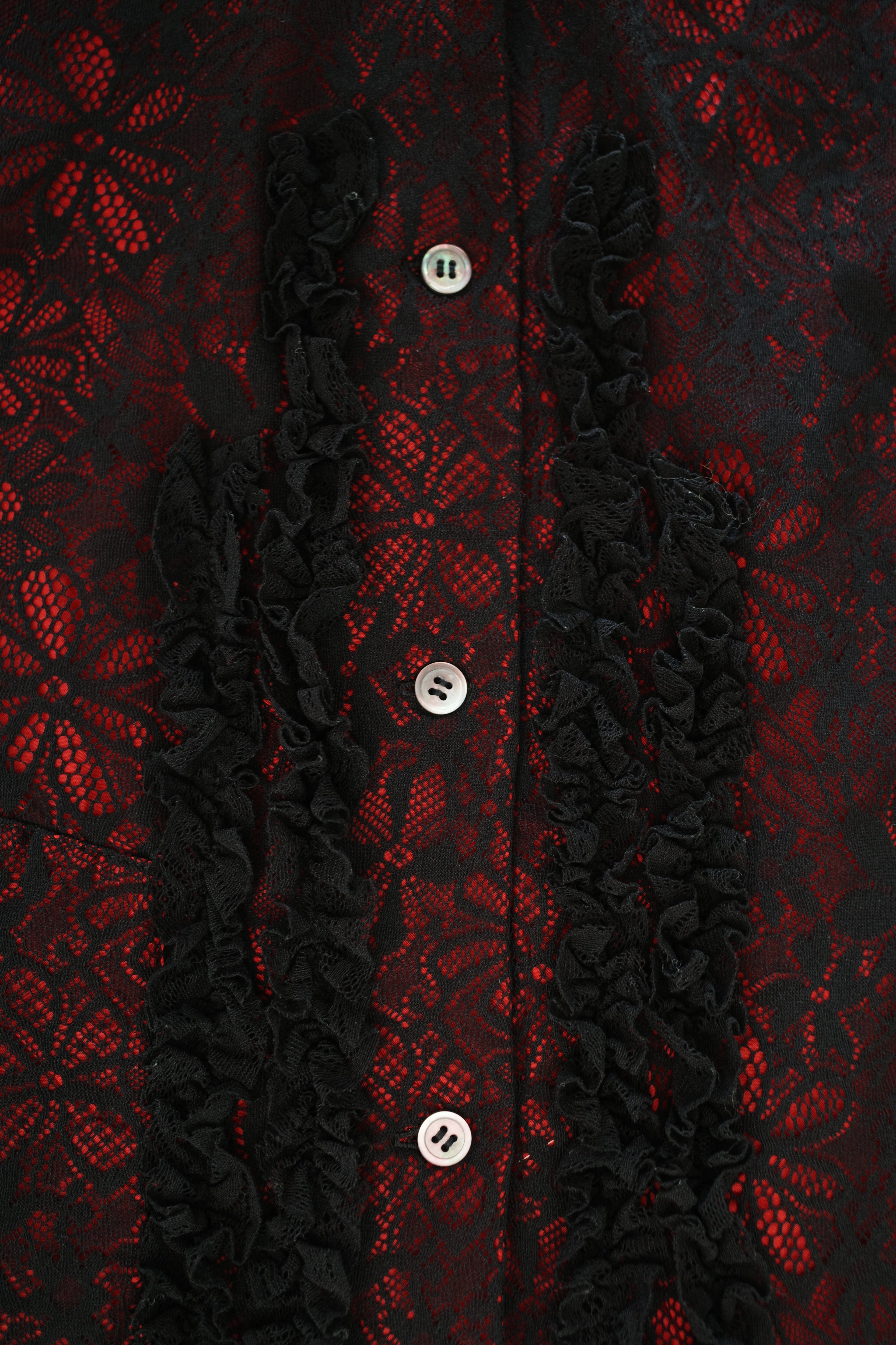 Sheer Floral Shirt with Ruffles, Round Collar and Lace