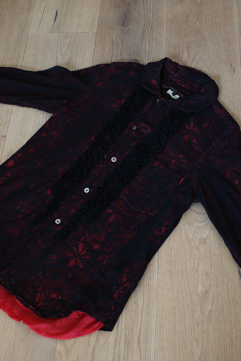Sheer Floral Shirt with Ruffles, Round Collar and Lace