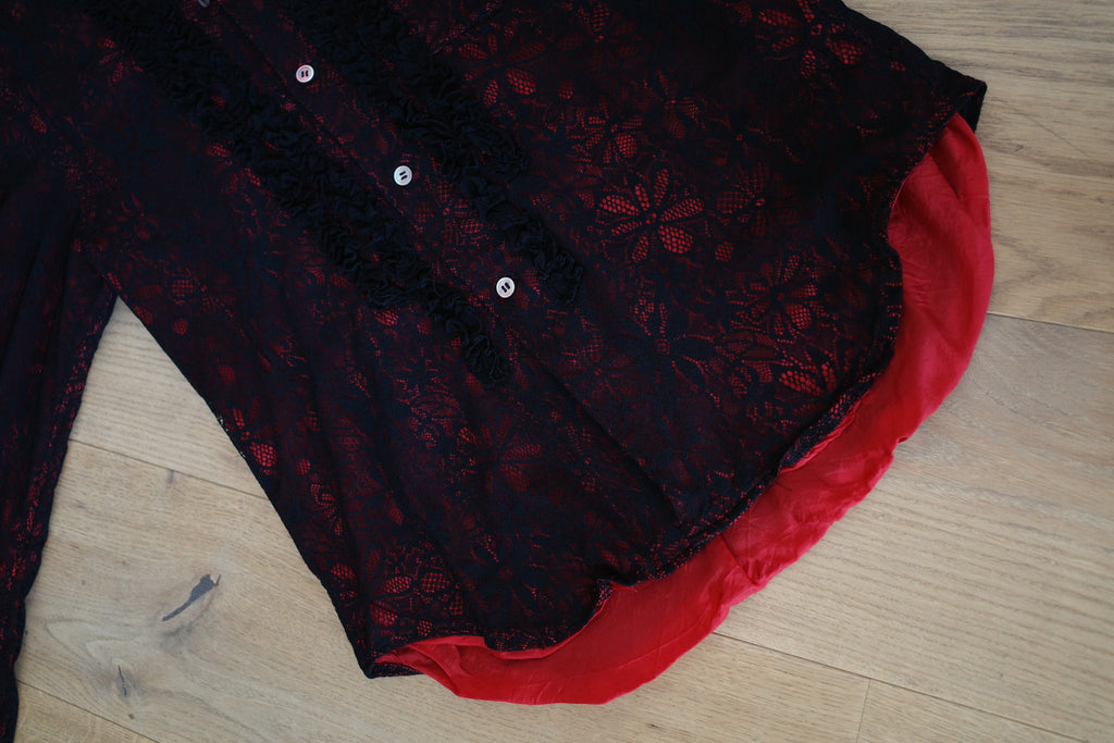 Sheer Floral Shirt with Ruffles, Round Collar and Lace