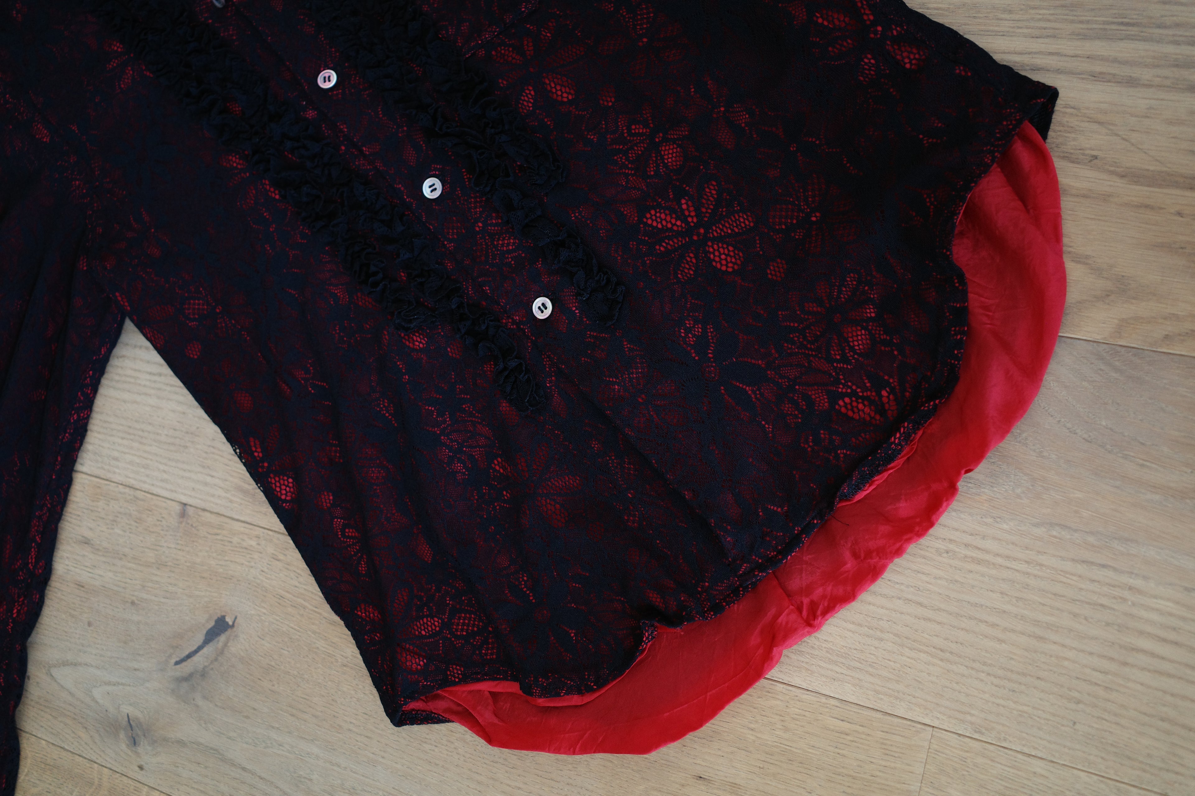 Sheer Floral Shirt with Ruffles, Round Collar and Lace