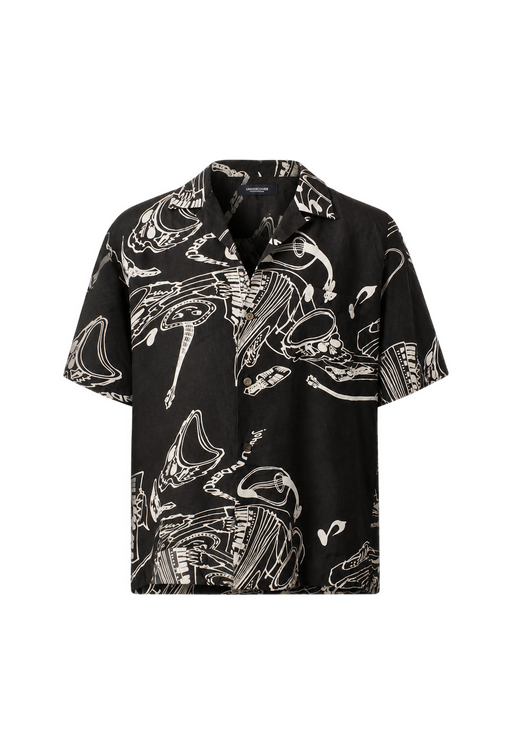 Skull and Musical Note Print Open-Collar Shirt